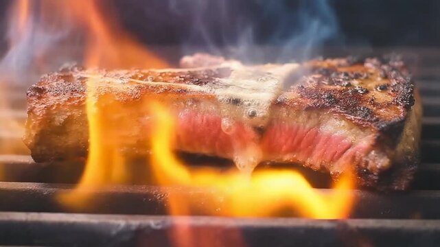 Close-up of t-bone or porterhouse steak searing intensely on a hot grill over open flames resulting in a perfect caramelized crust and juicy medium-rare interior.
