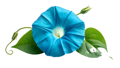 Close Up of a Vibrant Blue Flower with Green Leaves Isolated on a Black Background