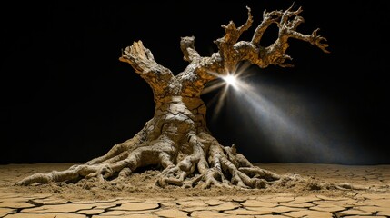 A dying tree with exposed roots struggles for survival in a parched desolate environment illuminated by a single beam of sunlight against a dark background