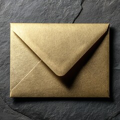 Elegant gold textured envelope on dark grey slate background, top-down view
