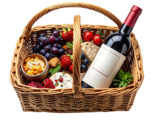Minimal Flat Lay Wicker Gift Basket with Wine PNG