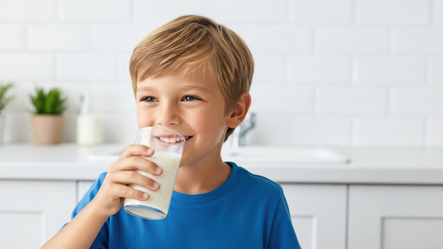 Happy boy drinking milk in kitchen while enjoying snack time  