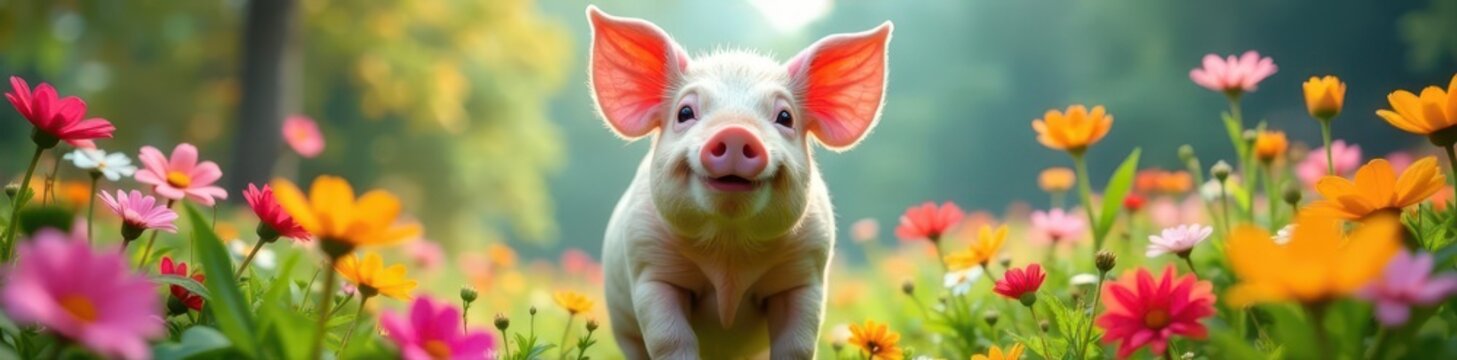 A happy pig surrounded by a rainbow of flowers , graphic, bloom