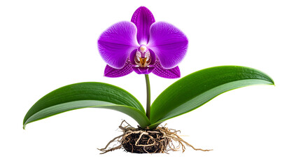 Close-Up Of A Vibrant Purple Orchid Flower With Green Leaves And Visible Roots Against A Transparent Background