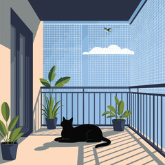 Obraz premium Relaxed black cat lying on a sunlit balcony with potted plants overlooking a blue sky with a small bird and clouds in the distance.