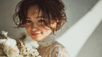 ウェディングドレス姿でブーケを持ち微笑む美しい日本人花嫁