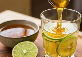 Honey being poured into a glass of water with lime slices, with a bowl of honey nearby