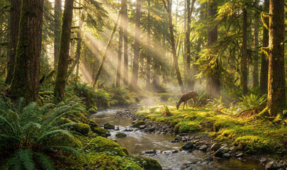 Fototapeta premium Peaceful forest scene with sun rays streaming through trees, deer standing near a small stream, lush green foliage, fairytale atmosphere, untouched nature