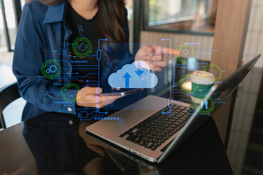 Hand touching secure access service edge icon on smartphone virtual screen background, password, network, framework and support technology in office. secure access service edge concept.