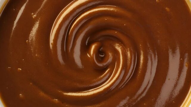 Rich caramel sauce swirling into a perfect spiral texture creating a smooth and glossy confectionery background.
