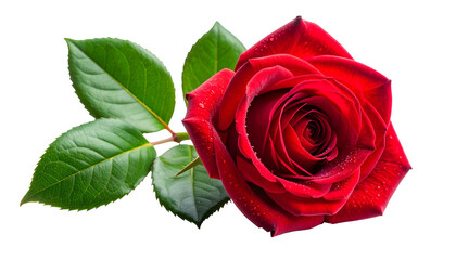 Close Up Of A Vibrant Red Rose With Green Leaves Against Black Background