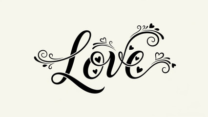 The beautiful typographic design of the word Love with decorative swirls and hearts on a beige background