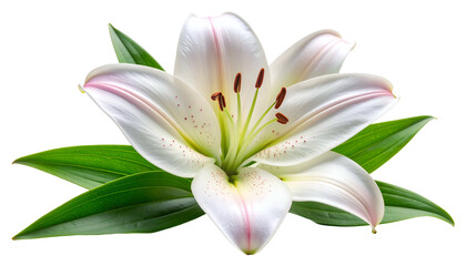 Close Up of a White Lily Flower with Green Leaves on a Transparent Background