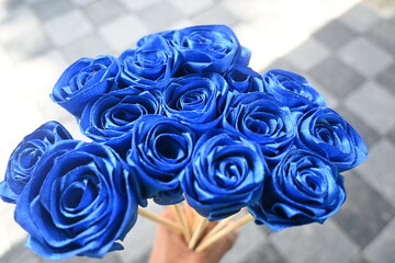 blue rose petals. wedding bouquet of roses