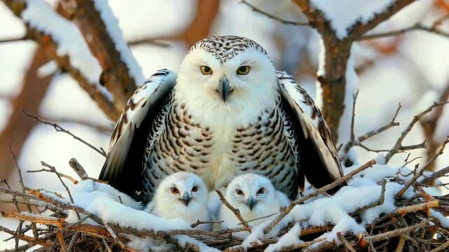 Majestic snowy owl mother fiercely protects two small, fluffy white owlets nestled securely within a snow-covered tree branch nest during winter