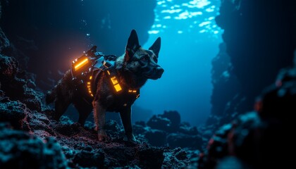 A robotic canine stands vigilant on a rocky ocean floor, illuminated by glowing equipment in a dark underwater environment.
