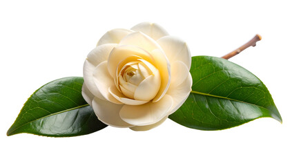 Close Up Of Cream Colored Flower With Green Leaves On Black Background