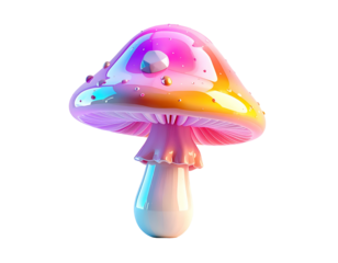 A shiny, cartoonish mushroom with iridescent coloring and water droplets