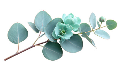 Close Up of Eucalyptus and Light Blue Flowers on Dark Background