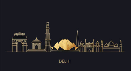 Gold line art illustration of Delhi's iconic landmarks on a black background with the city's name.