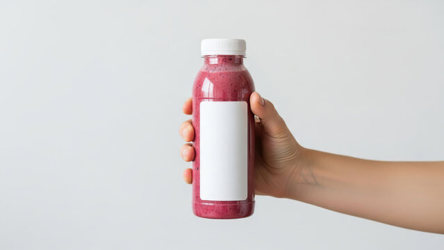 Hand holding bottle of colorful smoothie on white background  