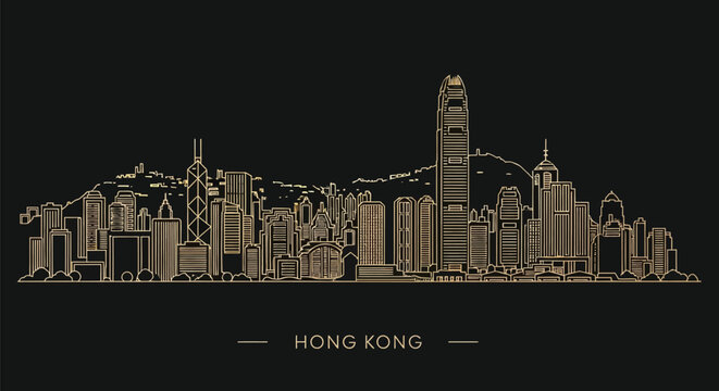 Golden illustration of Hong Kong city skyline with skyscrapers and bridges on black background.