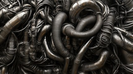 A complex industrial network of tangled steel cables and conduits forms a dense metallic structure