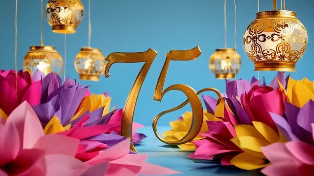 A vibrant celebration background with colorful flowers, lanterns, and a golden 75th anniversary number, perfect for milestone events