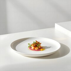 Minimalist Gourmet Food Presentation on White Plate with Copy Space