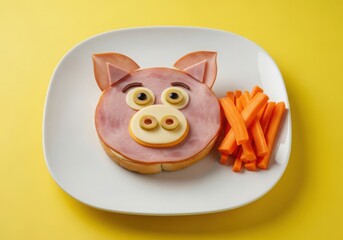 Fun sandwich shaped like a pig with carrot sticks on a plate