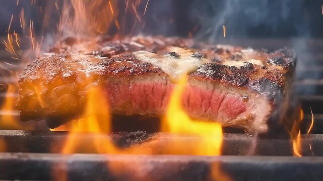 Close-up of a juicy ribeye steak with melted fat grilling over intense open flames on a hot barbecue grill displaying a perfect medium-rare cross-section.