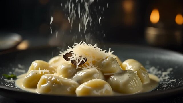 Grated parmesan cheese falling onto delicious potato gnocchi with creamy truffle sauce and black truffle slices presented on a dark plate
