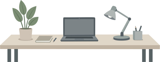 A clean and organized desk with a laptop, plant, lamp, and notebook, perfect for home office or study setup