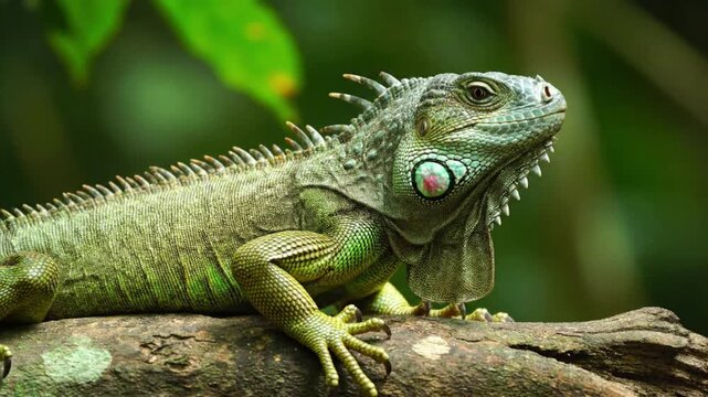 Close-up cinematic footage of a green iguana resting on a tree branch in a tropical habitat, showcasing natural reptile behavior, detailed textures, and calm wildlife atmosphere.