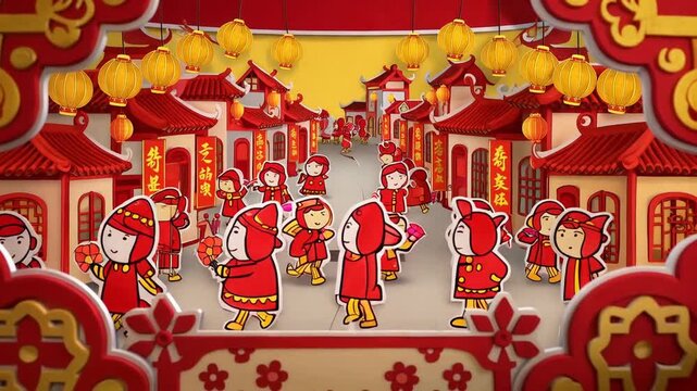 Cartoon characters in traditional dress parade through Asian village with lanterns