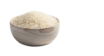 Uncooked basmati rice, detailed grains in rustic wooden bowl, transparent studio background, soft shadows. Concept of pure culinary foundation