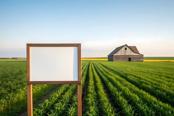 Blank Wooden Signage Mockup in a Green Agricultural Field with a Rustic Farmhouse Barn