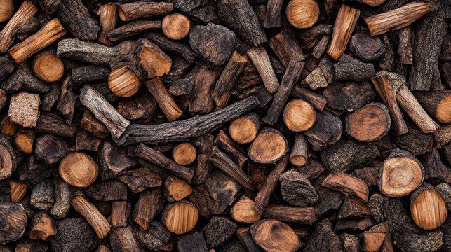 A dense, textured pile of scattered, unlit firewood logs of various shapes and sizes arranged in a rustic, natural background - Powered by Adobe