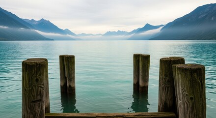 Wooden pier posts in a calm turquoise lake with misty mountains in the background