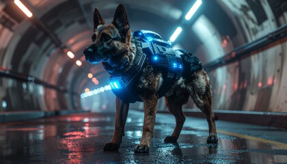 A cybernetic dog stands alert in a futuristic underground tunnel with neon lights reflecting on the wet floor.
