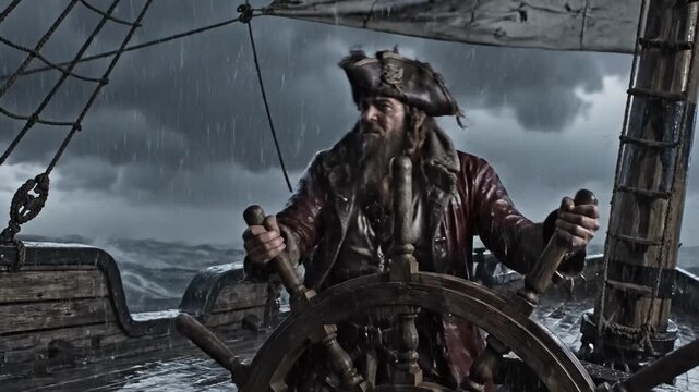 Grizzled pirate captain with tricorn hat grips wooden ship's wheel amid raging storm. Lightning flashes over turbulent ocean waves, weathered ship rigging in heavy rain. Dramatic adventure scene