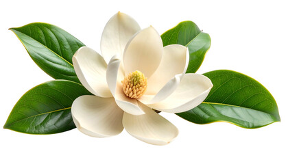 Close Up of Magnolia Flower and Green Leaves Isolated on Transparent Black Background