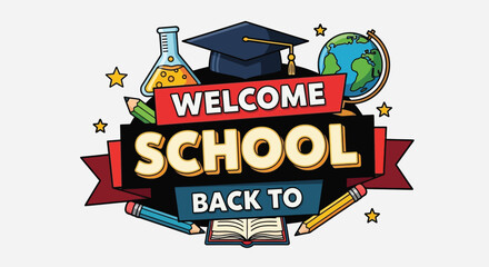 Graphic illustration of a colorful 'Back to School' banner with educational icons against a clean background.