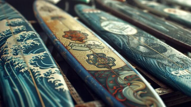 A collection of surfboards featuring intricate designs inspired by traditional Japanese motifs