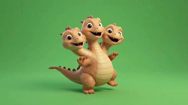 Adorable Three-Headed Baby Dragon Character on Green Screen.