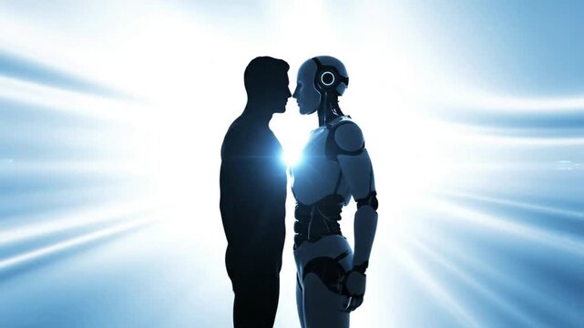 Human silhouette facing humanoid robot, symbolizing interaction between people and artificial intelligence, future technology, digital transformation, ethics, and the evolving relationship of humans.