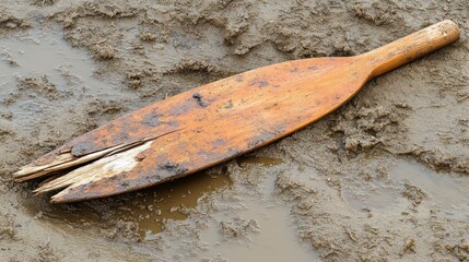 A cracked and splintered wooden oar blade lies in wet muddy ground