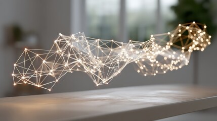 A glowing 3D network graph visualizing interconnected nodes in a floating design.