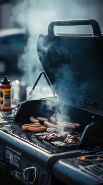 Grilled sausages and meat smoking on outdoor barbeque grill in urban setting. concept of outdoor cooking, Labor Day Weekend BBQ Setup.