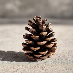 Close-up of a natural dry pine cone resting on a textured concrete surface outdoors, casting a shadow in sunlight.